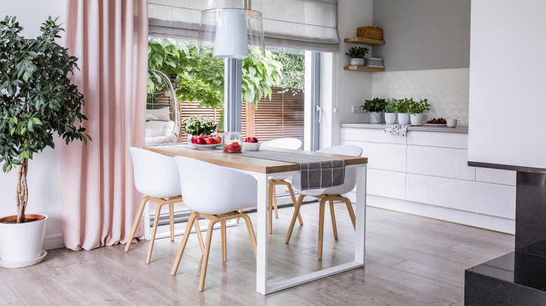 millennial pink curtains in white kitchen