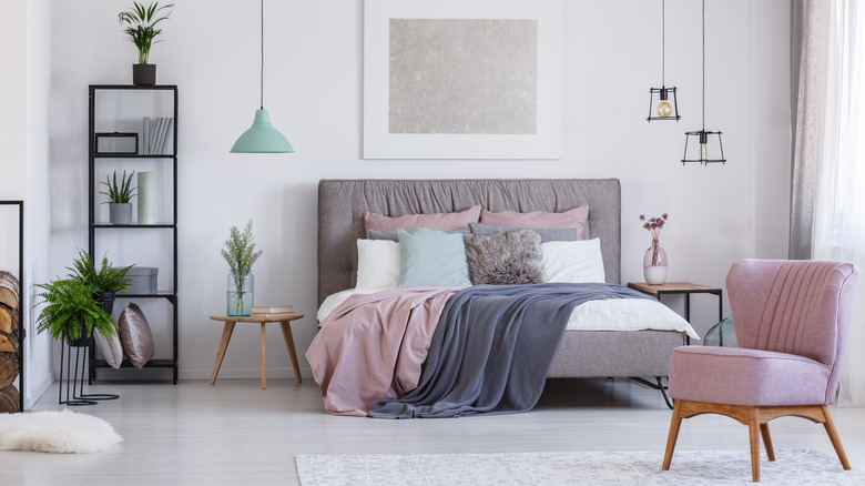 millennial pink bedding in bedroom