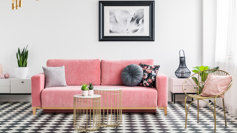 millennial pink sofa with pillows