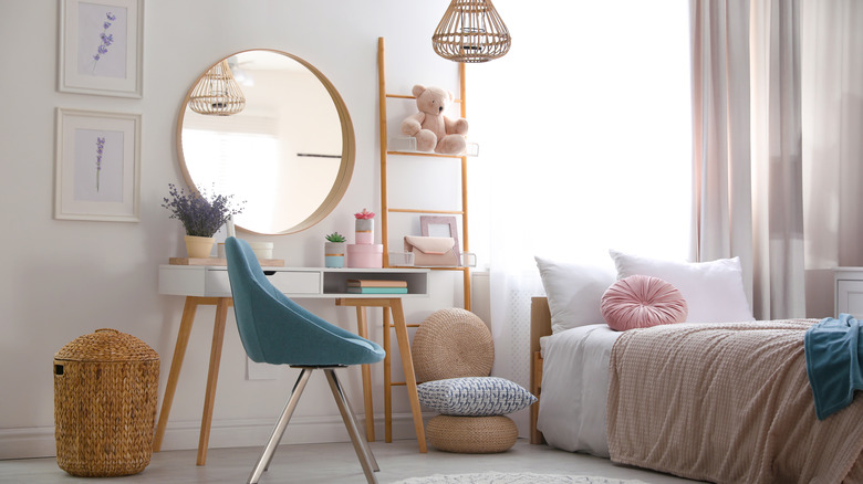 wicker and neutral kids bedroom