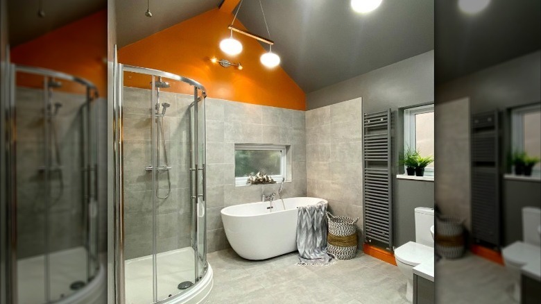 gray and orange bathroom