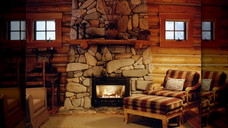 stone fireplace in cabin