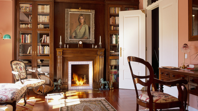 warm wood walls with fireplace