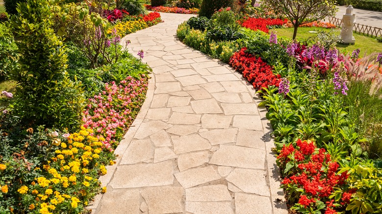 tan stone path in garden