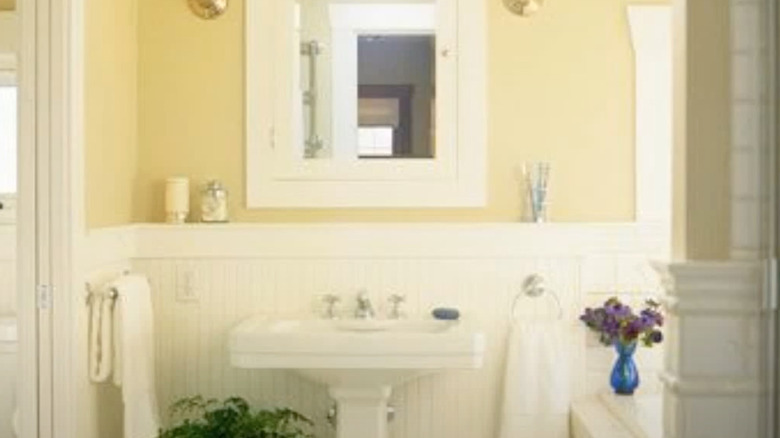 Bathroom with shiplap and yellow paint