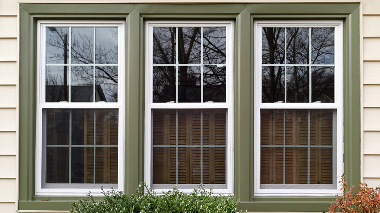 Three new replacement windows with green trim on front of house