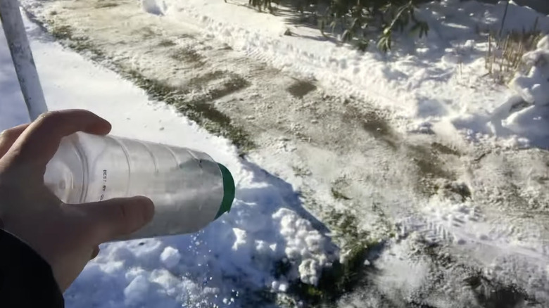 A hand shakes rock salt onto an ice and snow covered sidewalk.