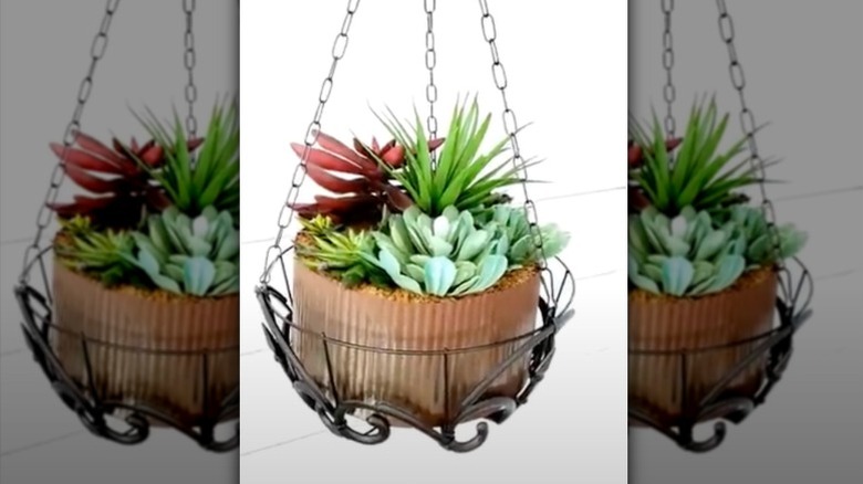 A DIY hanging basket and planter filled with succulents