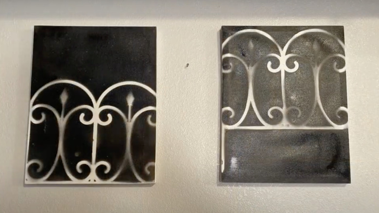 Black and white paintings made using Dollar Tree garden fences as stencils