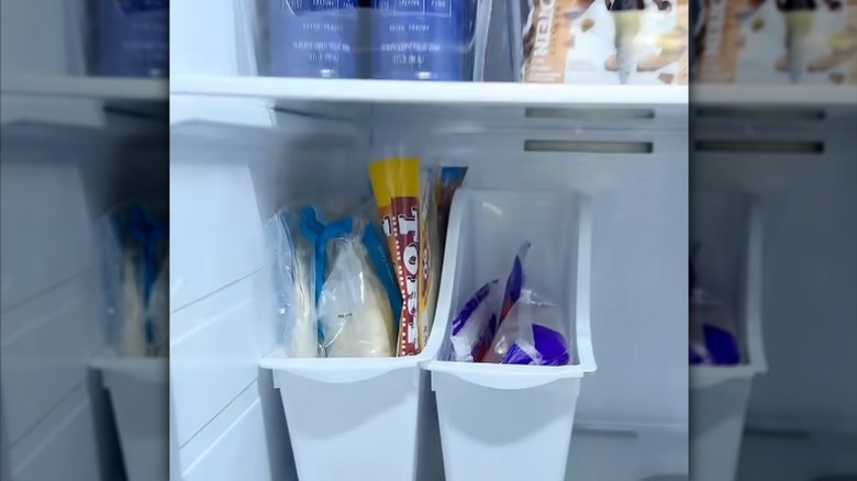 Book bins used in fridge to store packaged produce vertically.