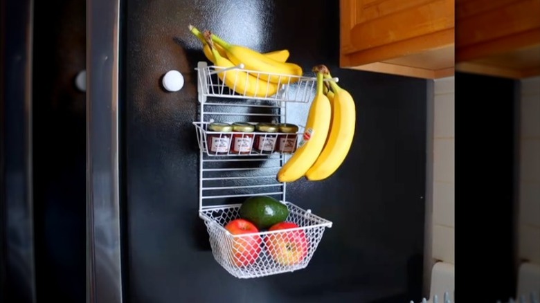 Fruit basket made from items bought at Dollar Tree and stuck to the side of the fridge.