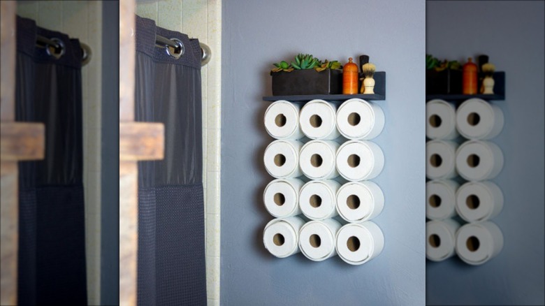 toilet paper hanging on wall