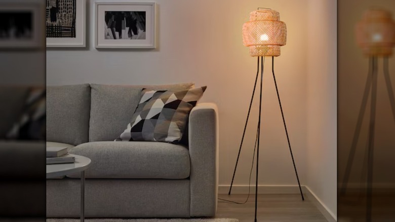 floor lamp and gray sofa