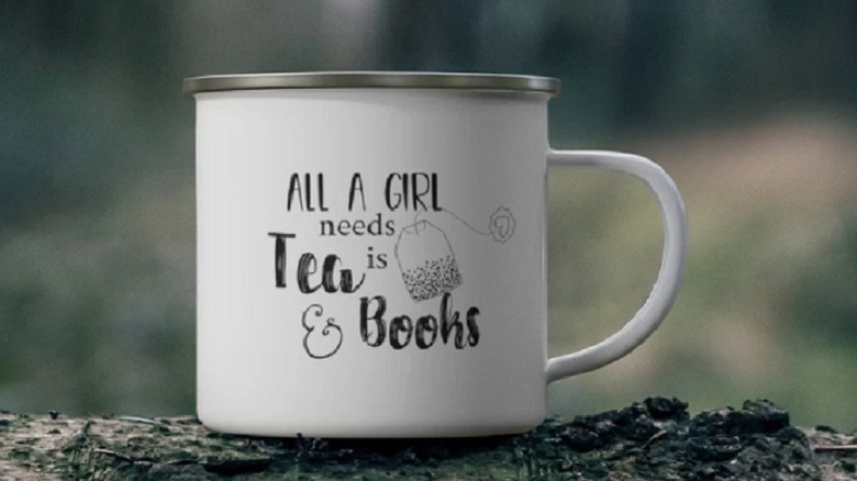 book themed enamel mug