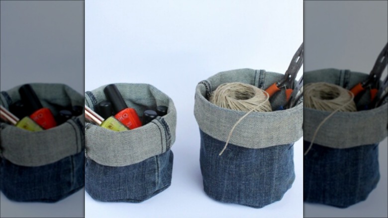 rolled repurposed denim buckets