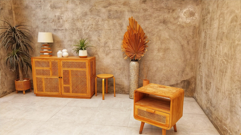 Wooden cabinet, chair, planter, and storage item near entryway