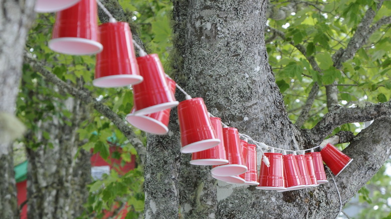 red plastic cups on lights