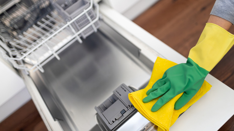 Gloved hand cleaning dishwasher with microfiber cloth