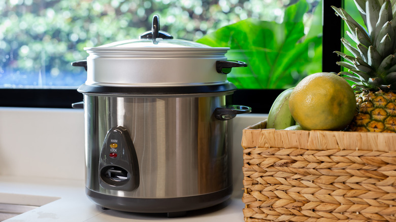 Gray rice cooker on kitchen countertop beside a fruit basket