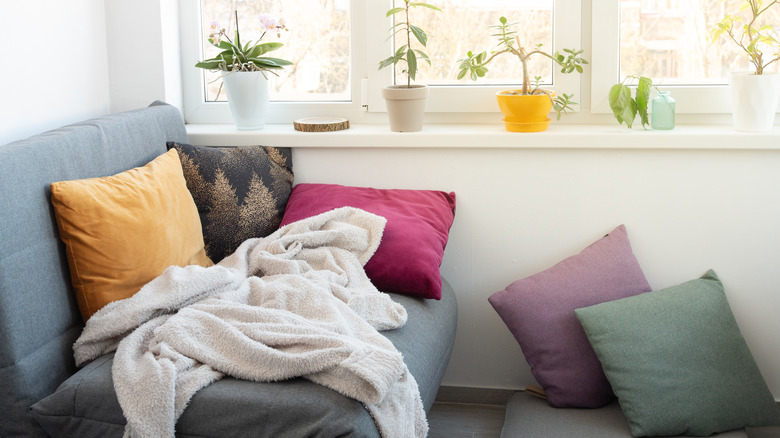 Day bed with pillows and plants