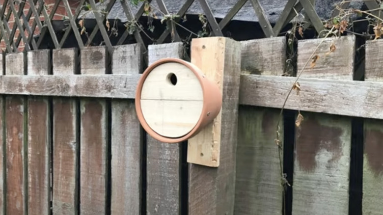 A birdhouse made from a plastic planter and wood attached to a fence