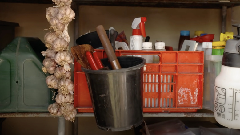 An old plastic planter is used to store garden tools in a shed