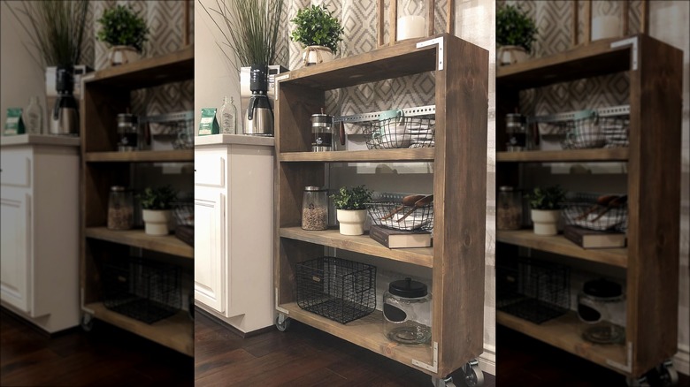 bookshelf coffee station in kitchen