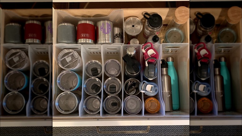 organized water bottle drawer