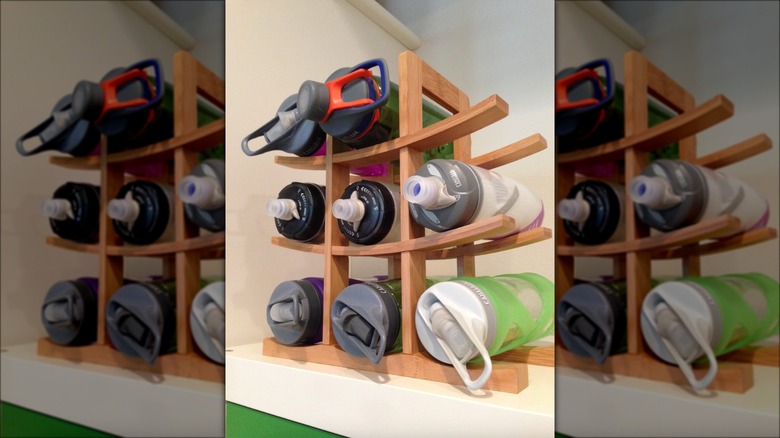 water bottles on wine rack