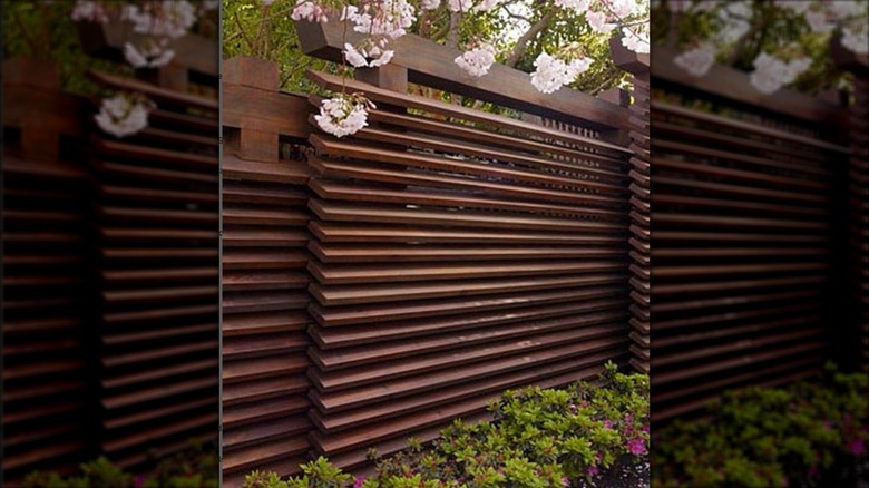 Dark wood louvered fence in garden