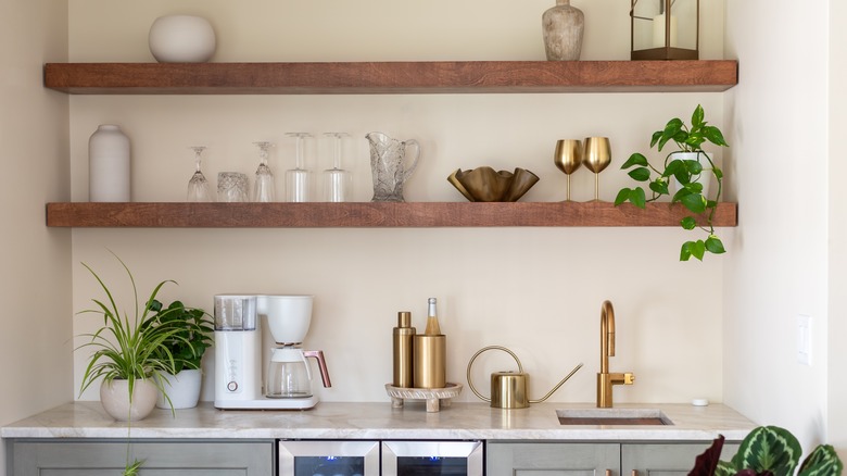 wooden floating shelves in kitchen