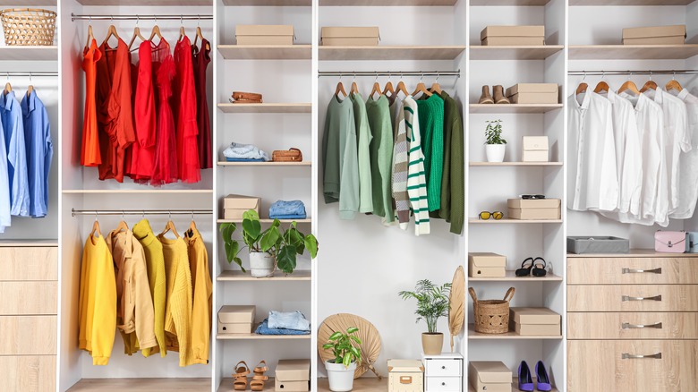 Clothes arranged by color in a large wardrobe