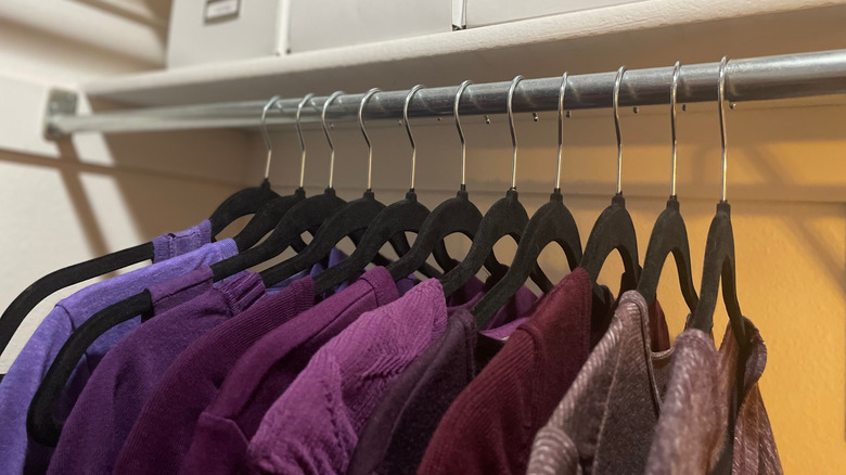 Clothes hanging from black velvet hangers in a closet