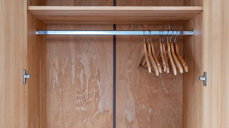 Empty hangers on a closet rod in a wardrobe