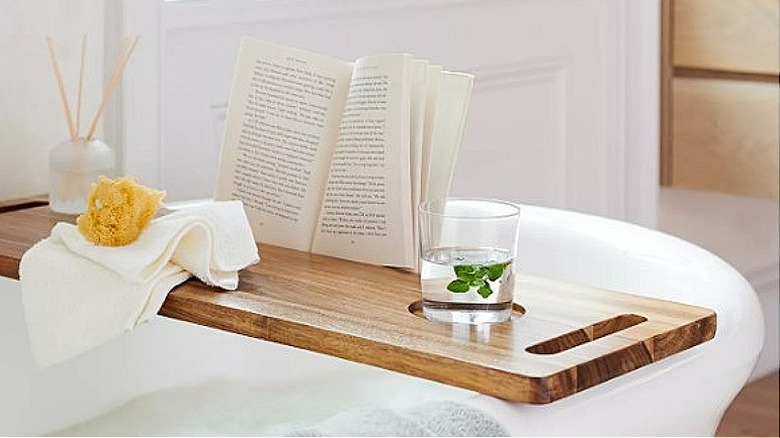Acacia bath tray with book