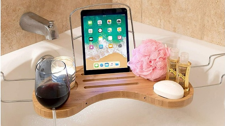 Wood and metal bath tray