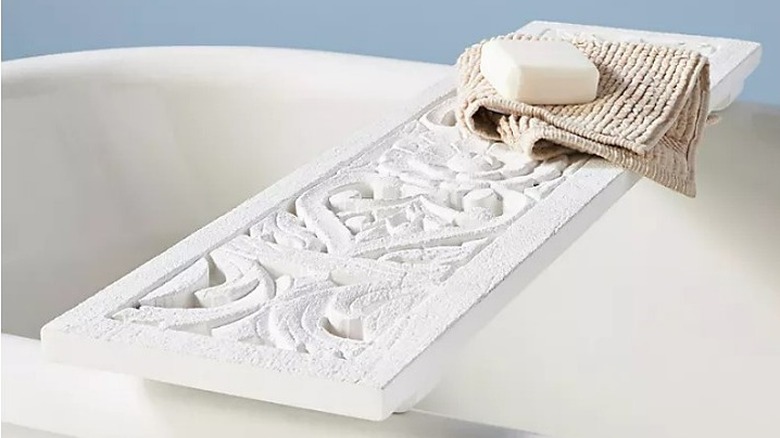 White carved wood bath tray