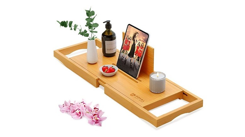 Wood bath tray and candle