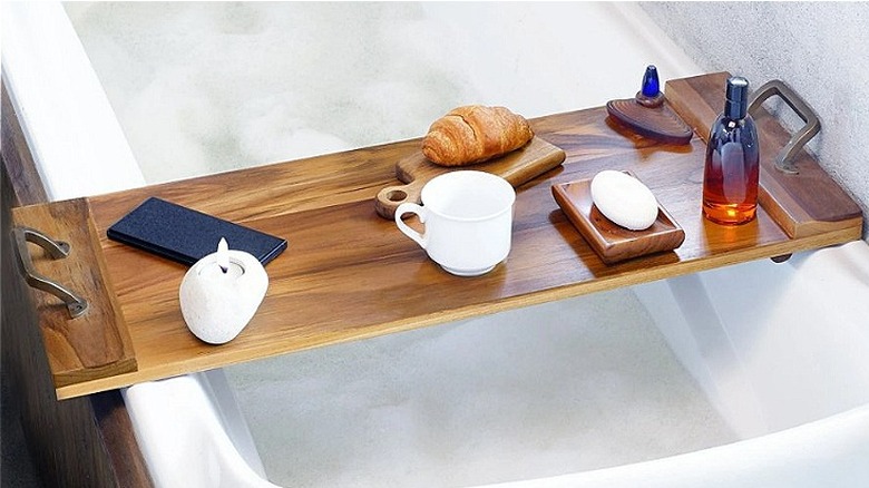 Teak bath tray with handles