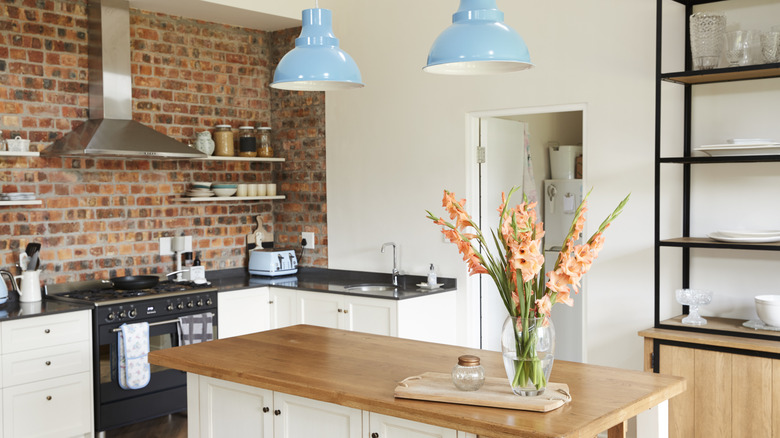 Brick backsplash kitchen blue lights