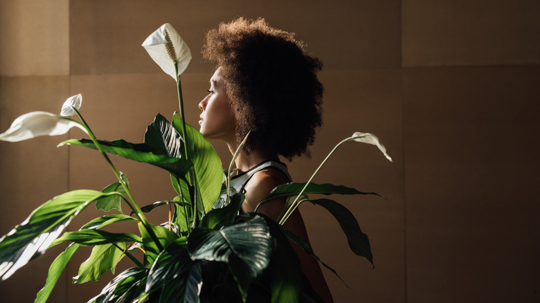 Woman carrying peace lily plant 