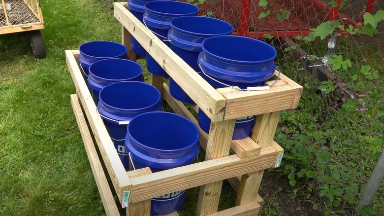 blue buckets in tiered stand