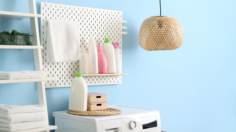 wicker lightshade in laundry room