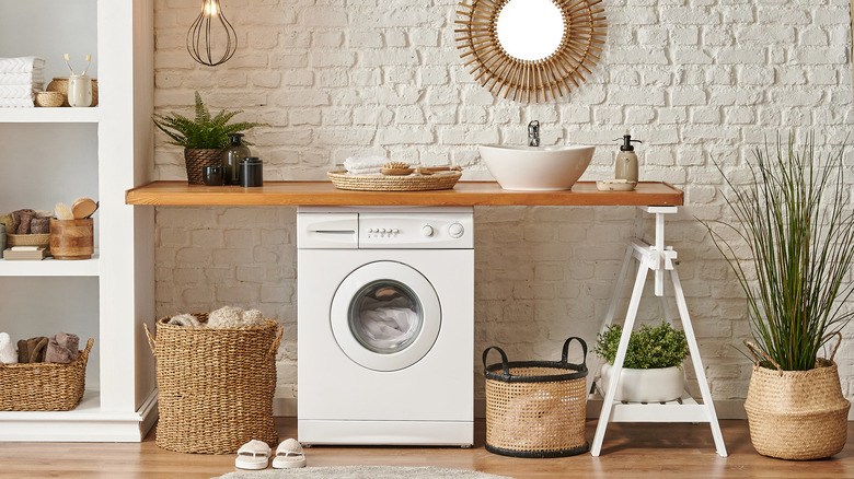 wicker tray above washer