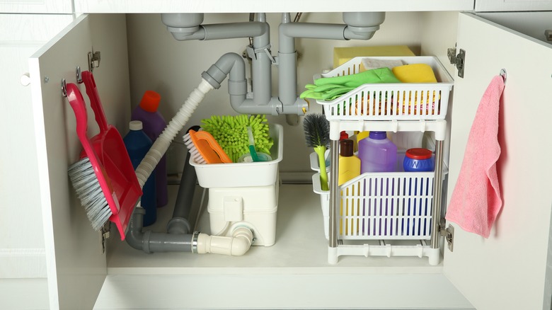 cleaning supplies under kitchen sink