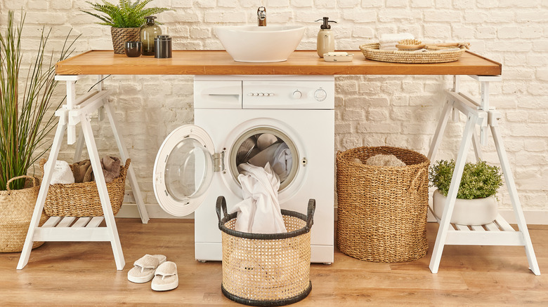 wooden counter on washing machine