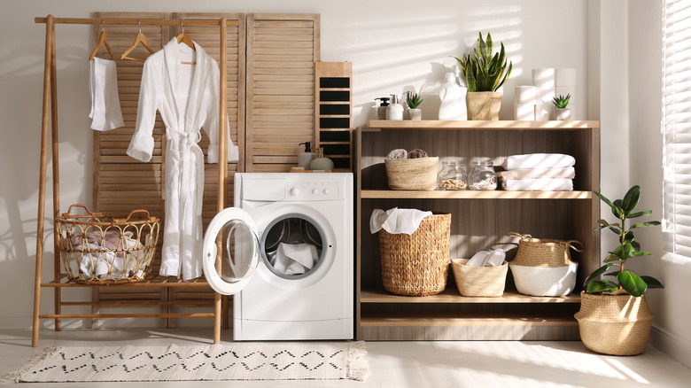 decorative baskets near washer