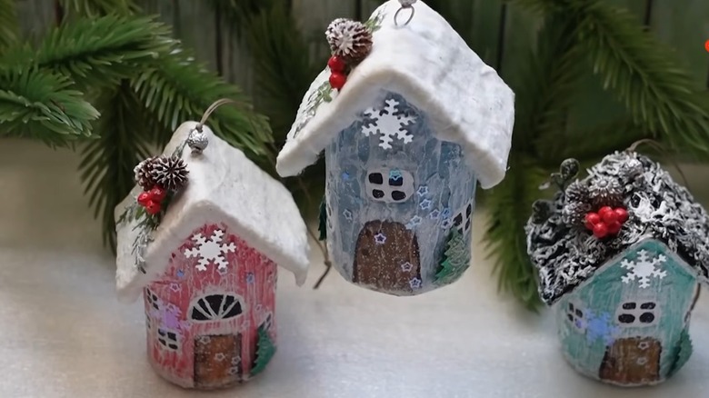 Mini winter houses made using cardboard rolls