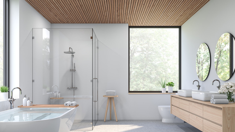 wooden ceiling in white bathroom