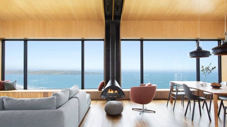 fireplace and water view